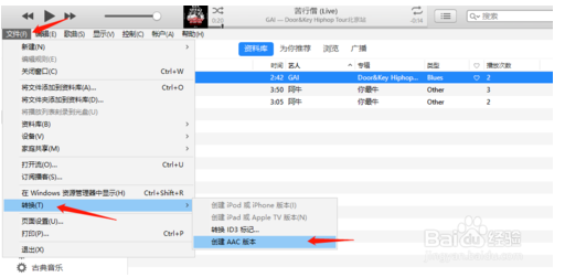点击“文件”-“转换”-“创建AAC版本”