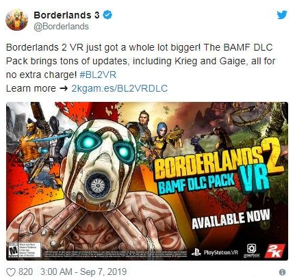 无主之地2VR版dlc更新 16个额外内容免费提供！