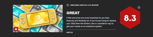 尺寸和价格比原版更具优势 Switch Lite IGN最终评分