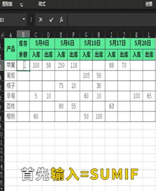 excel中sumif函数自动计算库存余额教程分享