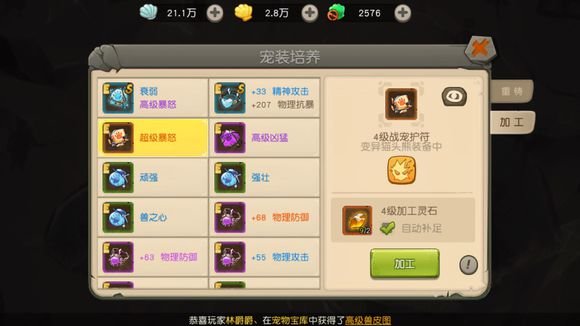 疯狂原始人四级战宠护符能加工两个技能吗？