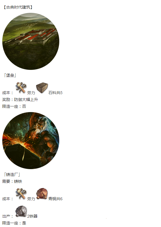 人类黎明古典时代建筑成本/奖励及外观一览
