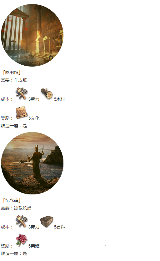 人类黎明古典时代建筑成本/奖励及外观一览