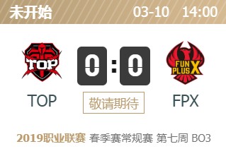 LPL2019春季赛首发阵容 LOLLPL2019春季赛3月10日TOP vs FPX首发阵容
